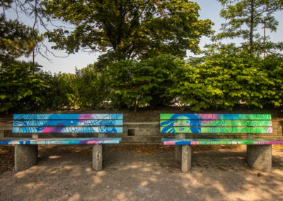 Brightly painted benches by artist Mahmood Hosseini for Clarkson Village BIA's Main Street public art activation