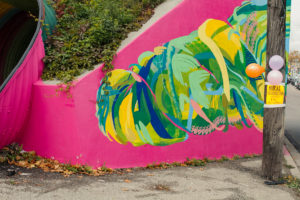 Pink section of the SKEIN Dufferin Underpass mural in Toronto by PA System
