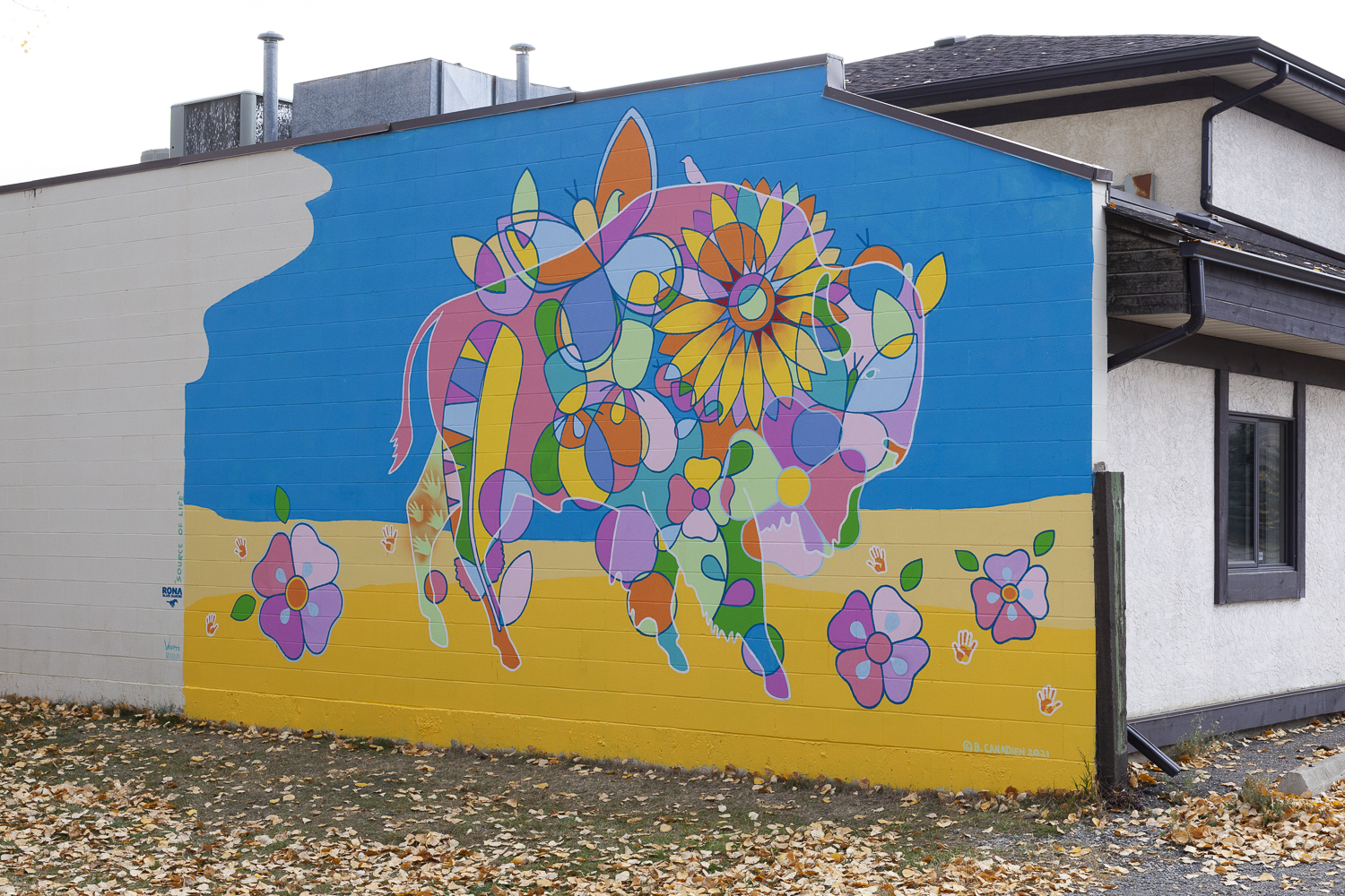 ID6: Photo of Bruno Canadien’s mural “Source of Life” it is on a brick building. It features geometric shapes and motifs that form a buffalo - there are colours of pink, green, yellow, and purple on a blue background. Part of the overcast sky is showing on the top right corner.