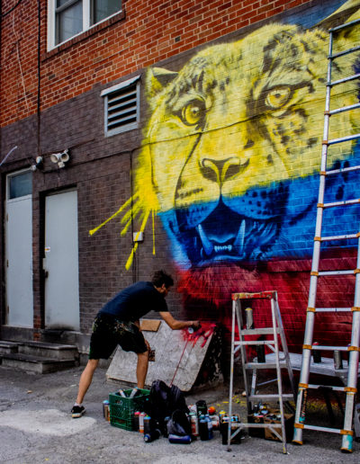 Photo of an artist painting a mural of a leopard in yellow, blue and red - there is a ladder, window and box of spray paints in the image