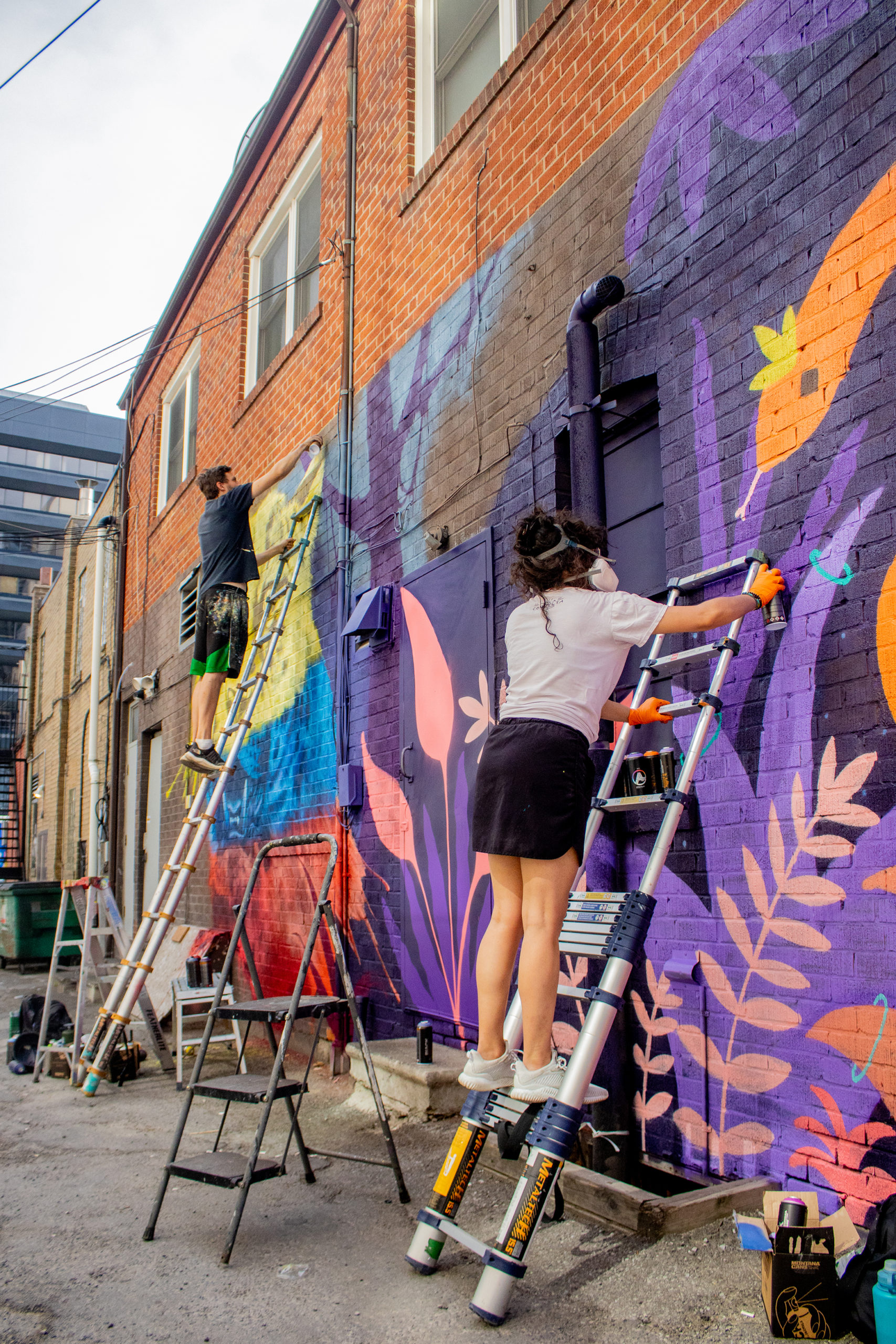 Photo of two mural artists are ladders painting a mural of a leopard and geometric foliage shapes in purple