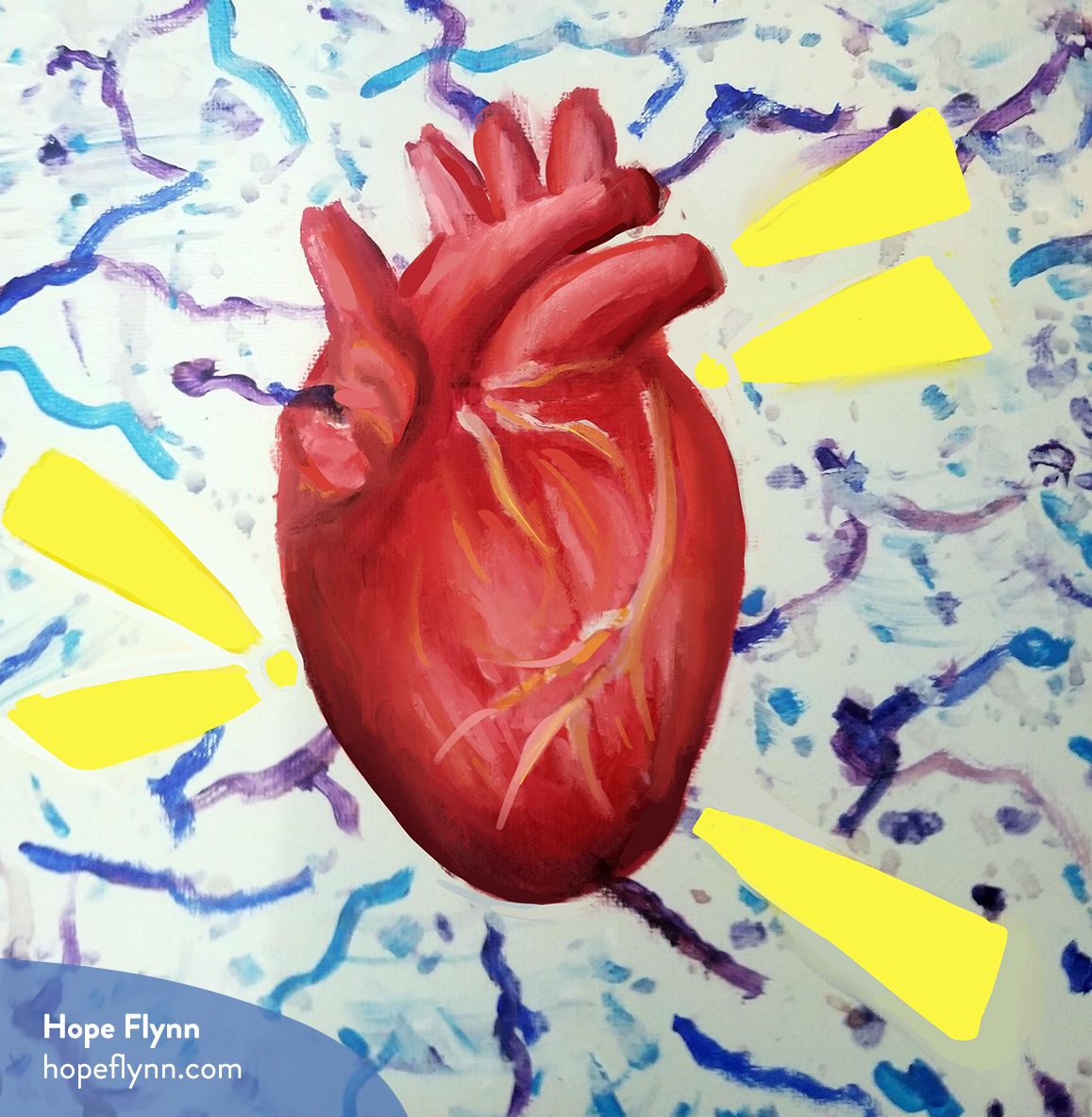 Square painting by Hope Flynn, featuring a realistic heart with abstract yellow and blue shapes painted around it. There is a watermark with Hope’s name and website (hopeflynn.com).