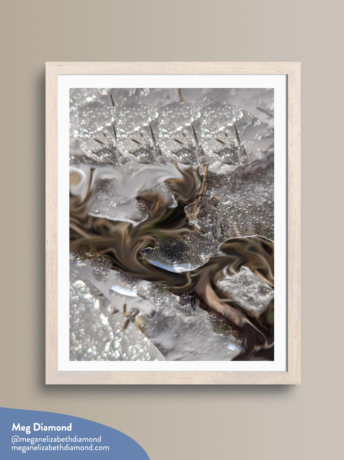 Cropped portrait photo of collage artwork framed in a light wood frame by Meg Diamond, features imagery of ice and earth swirled together like a whirlpool. The image has a watermark with Meg’s name, instagram handle (@meganelizabethdiamond) and website (meganelizabethdiamond.com)