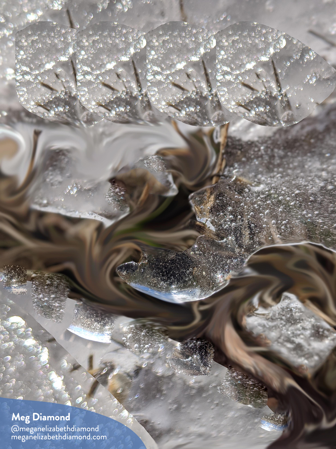 Cropped portrait photo of collage artwork by Meg Diamond, features imagery of ice and earth swirled together like a whirlpool. The image has a watermark with Meg’s name, instagram handle (@meganelizabethdiamond) and website (meganelizabethdiamond.com)