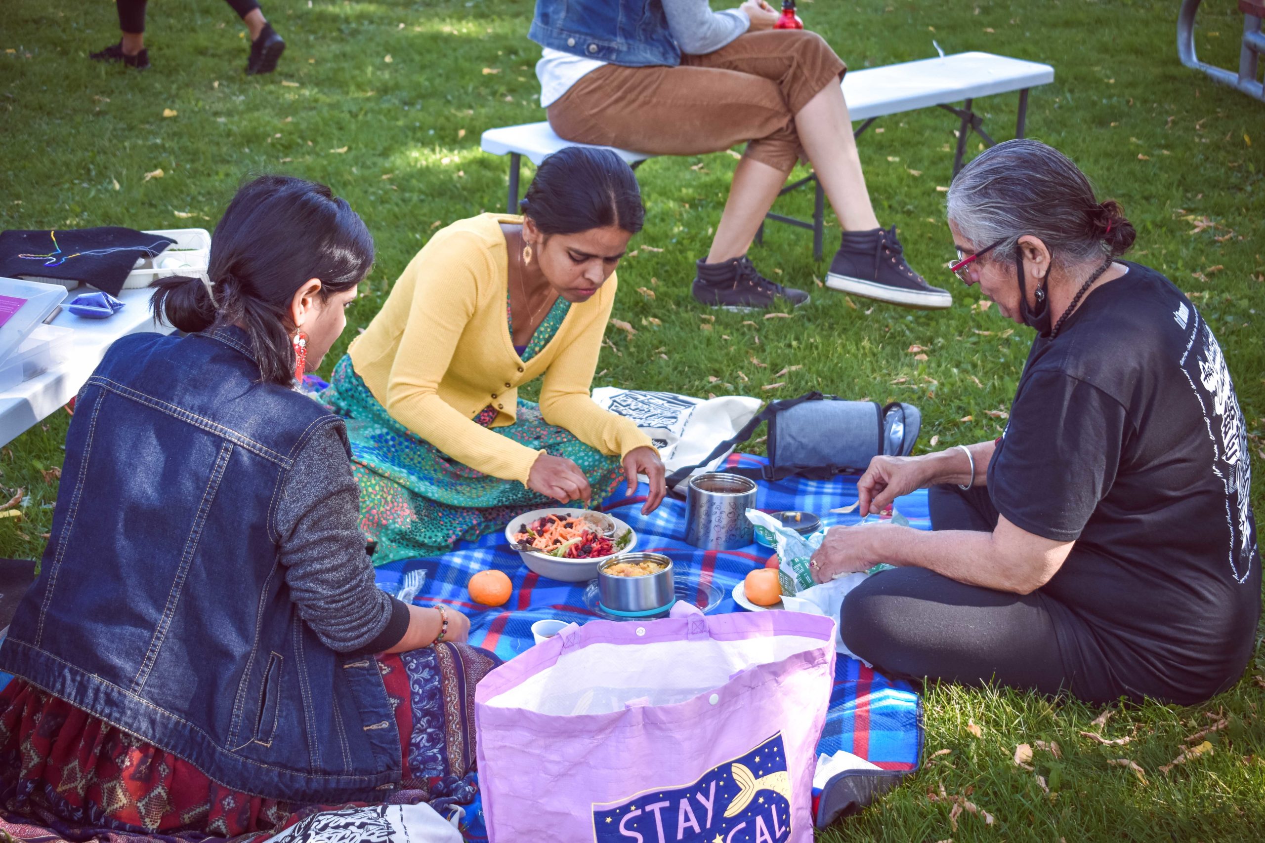 Photo of three community members sitting on a blue & red plaid picnic blanket sharing food. In the background, there is a person sitting on a bench and people walking on the grass.