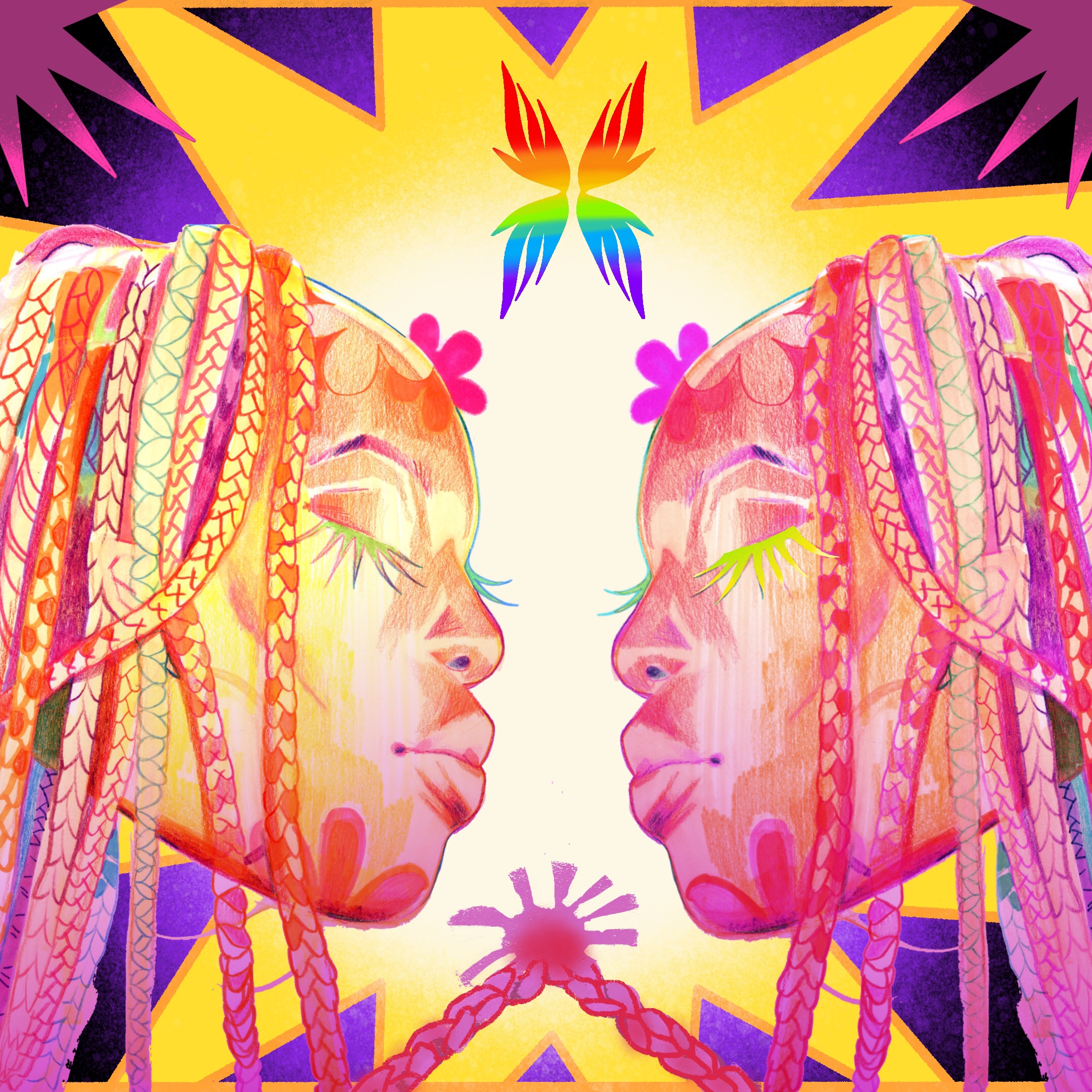 Concept art depicting two Black females with braids and eyes closed with wispy eyelashes, and the two figures are mirroring each other. The background has symmetrical and geometric shapes with a rainbow-coloured feather or butterfly image above the females. The colour palette of the art is warm shades of pink, purple, orange, and yellow.