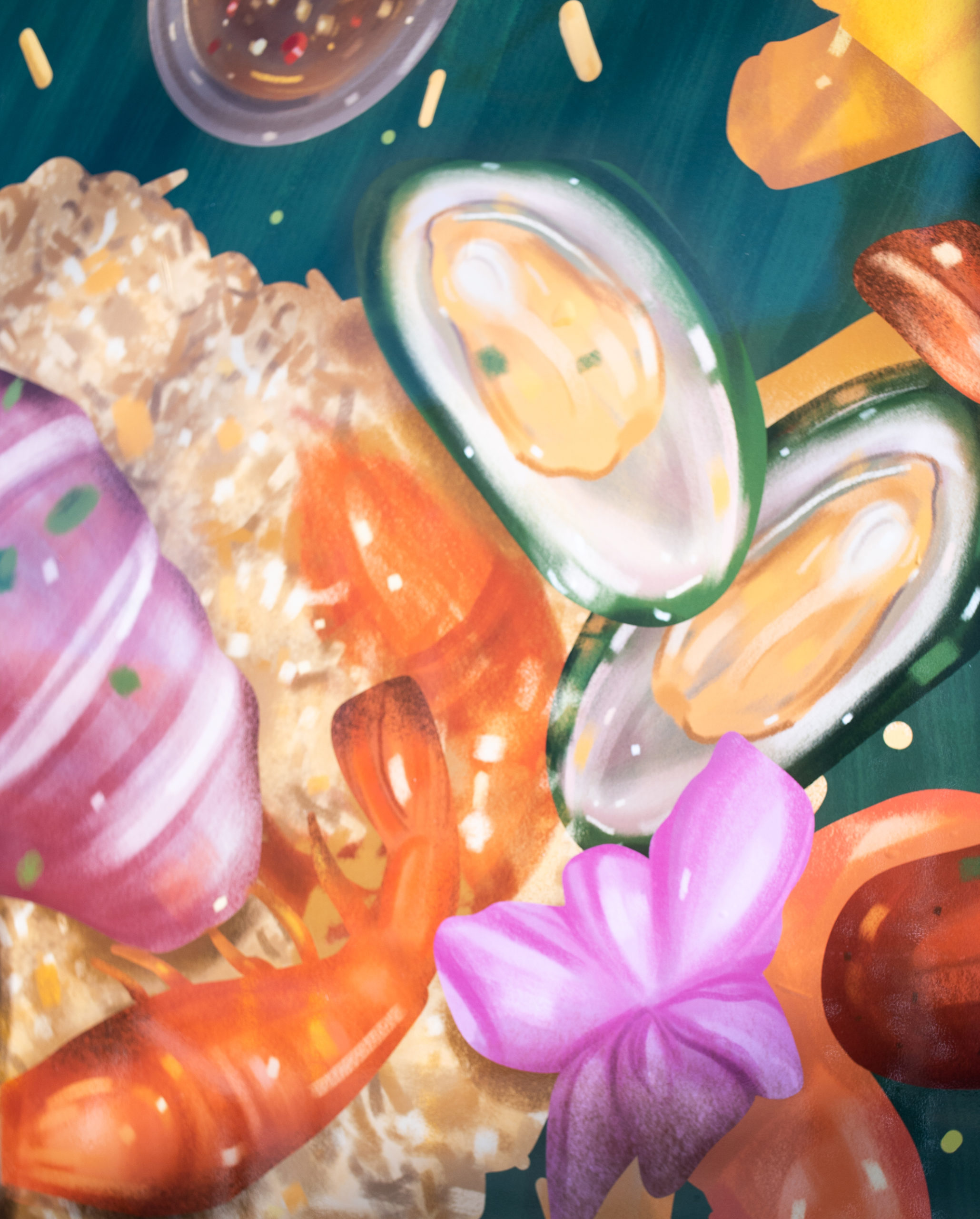 Close-up photo of a storefront mural by Meegan Lim showcasing a Kamayan feast - it has steamed seafood, grilled meats and rice.