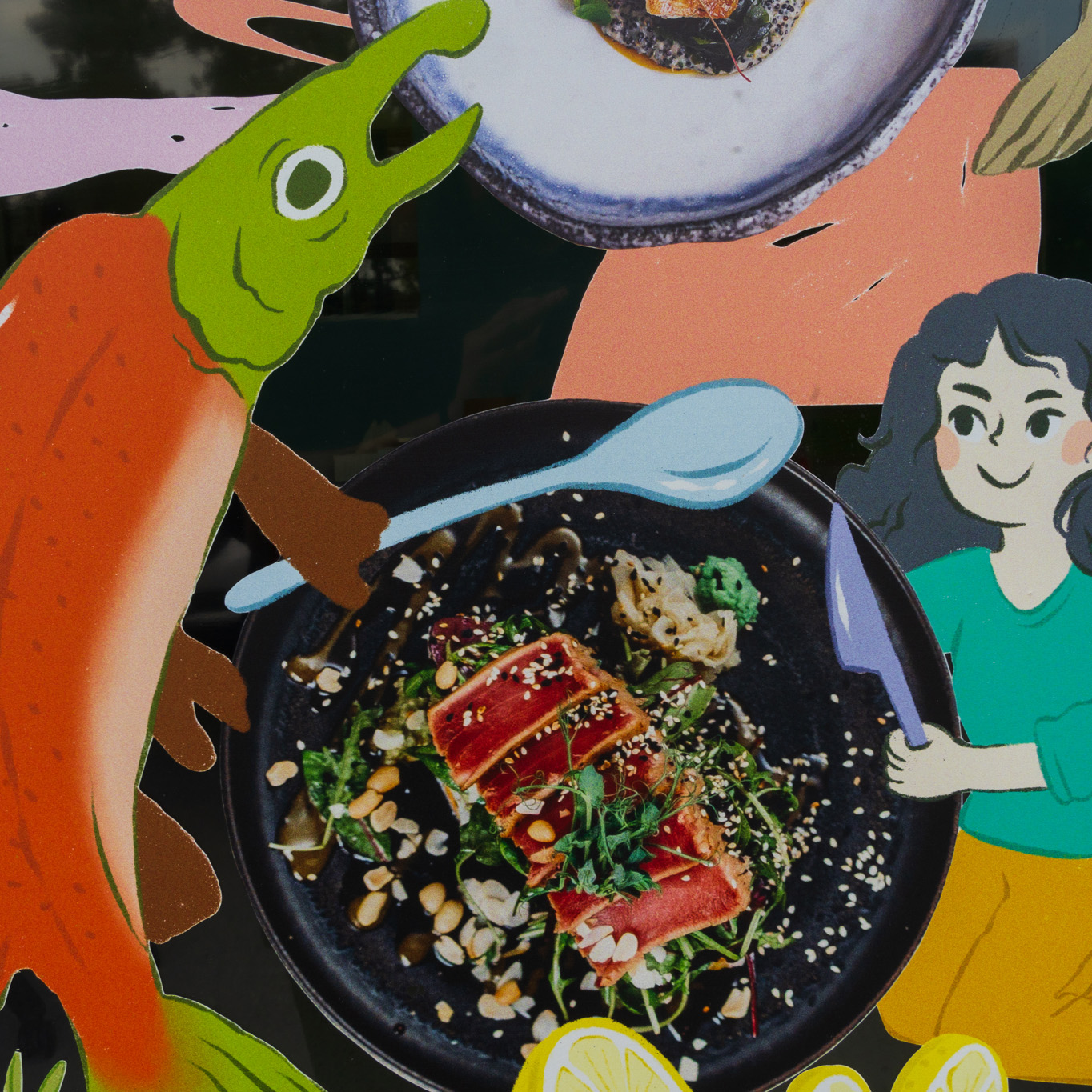 Close up shot of artwork by Yen Linh Thai for Nu Age Fish, showing a photocollage of fish and humans enjoying a meal