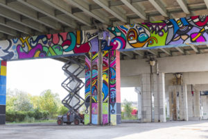 Colourful mural with bold colours and imagery of fish and fauna underneath Toronto's Gardiner highway