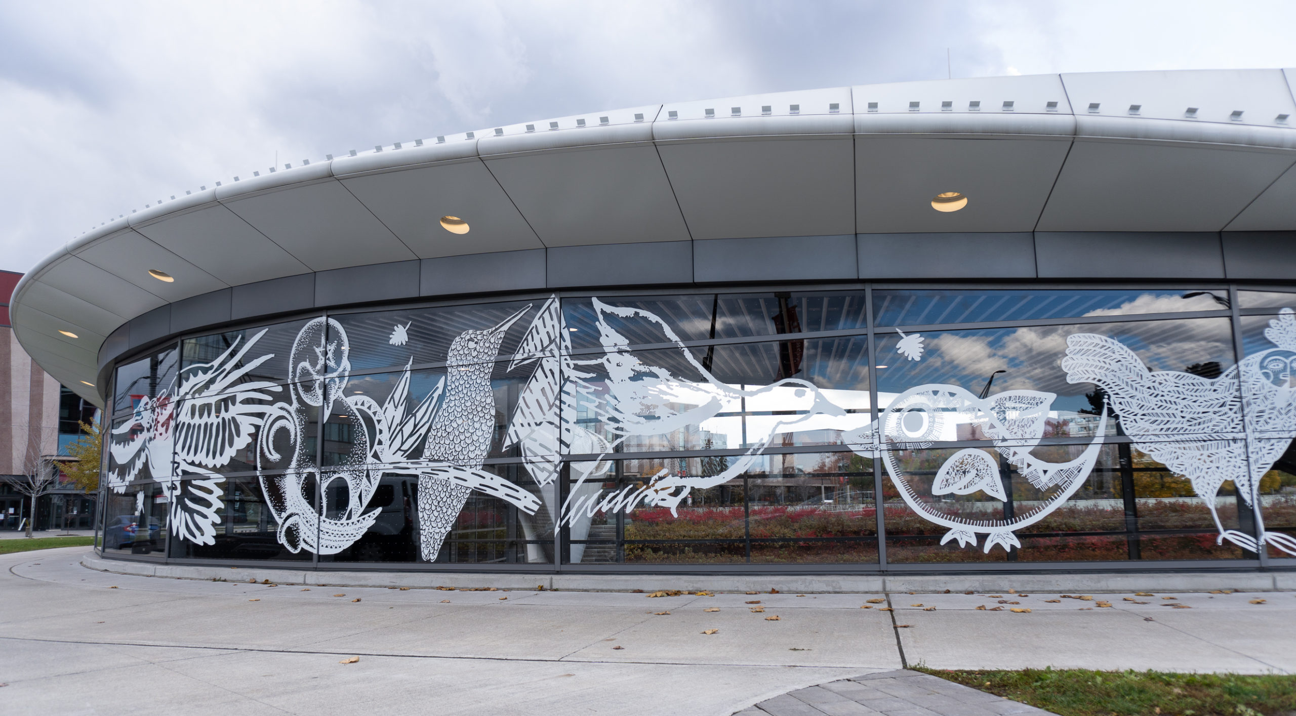 Photograph of York University station decorated with large-scale white vinyl bird murals.