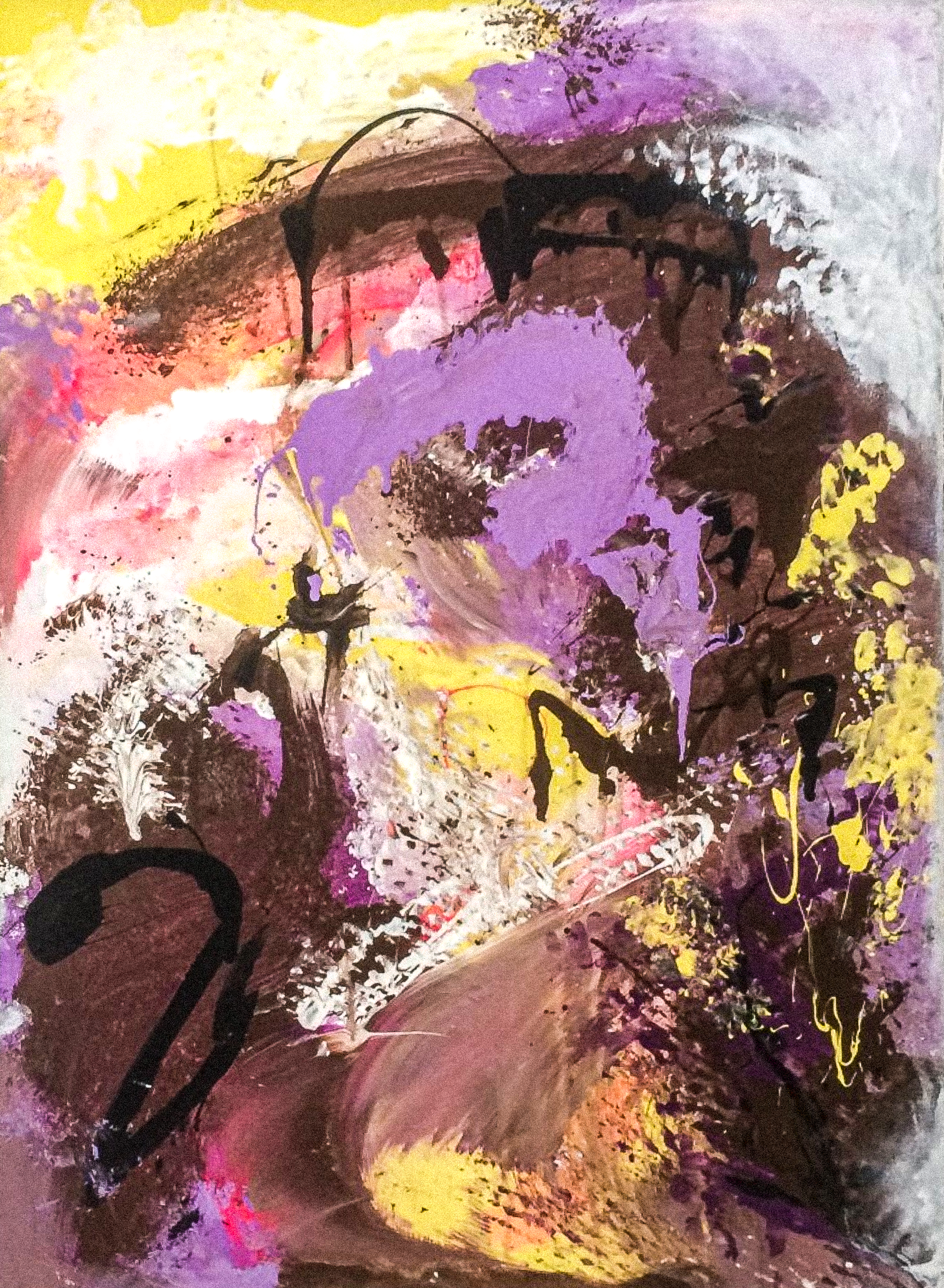 Abstract painting by Ysabelle Vautour, with bright colours of purple, yellow, pink and grey. There are expressive strokes of paint with blended and speckled textures.