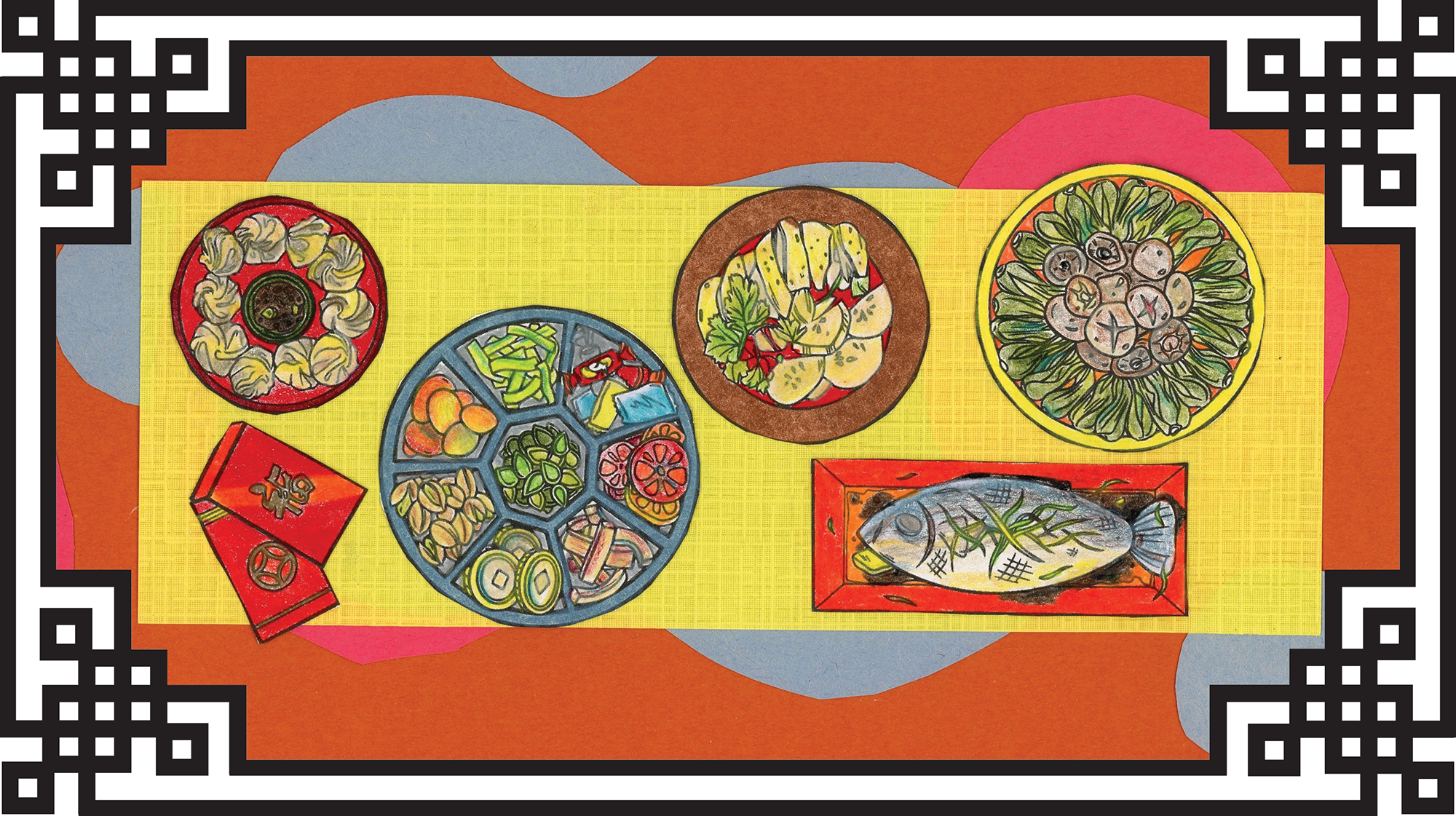 Landscape Yue Moon artwork of a dinner table with Chinese dishes with abstract shapes in yellow, blue and orange. It has a traditional Chinese black & white border around it.