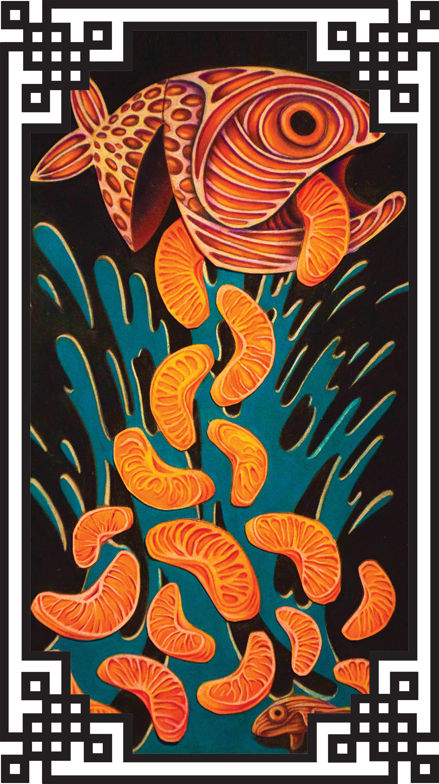 Vertical Yue Moon artwork of paper cut art featuring a detailed drawing of a fish and mandarin oranges, it has a black & blue background with a traditional Chinese black & white border around it.