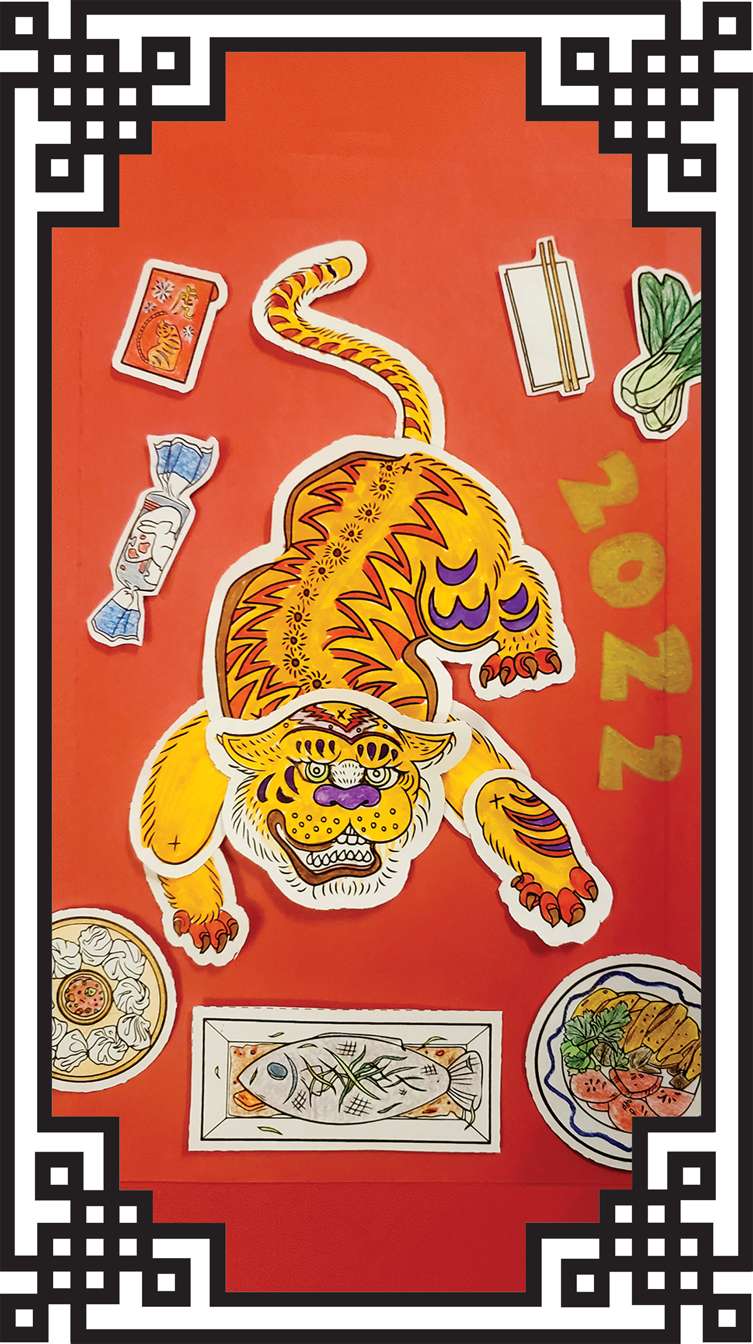 Vertical Yue Moon artwork of a folk art Tiger with Lunar New Year foods around it, it is on a red background with a traditional Chinese black & white border around it.