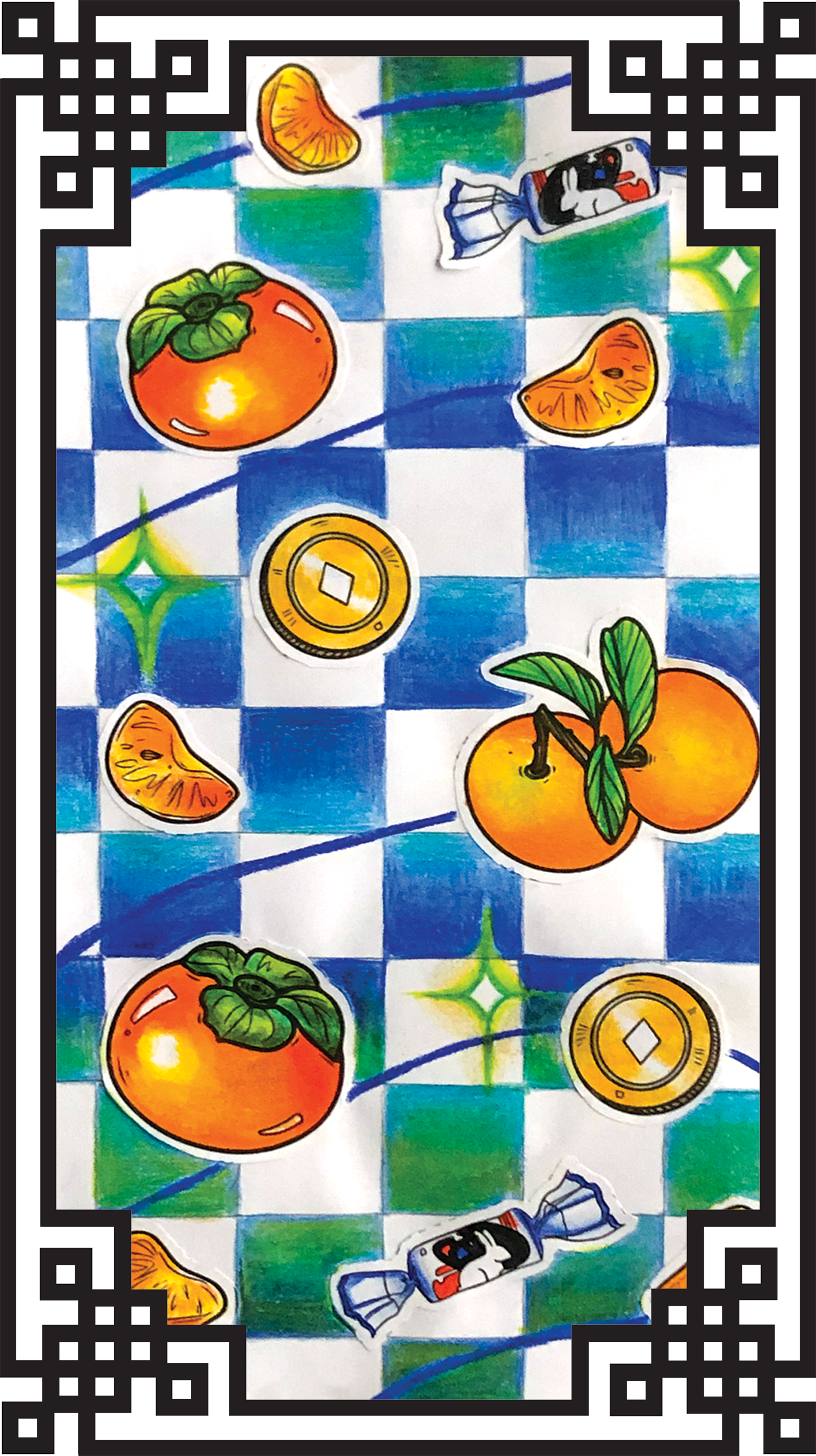 Vertical Yue Moon artwork of orange persimmons and mandarin oranges on a blue and white checkered background with a traditional Chinese black & white border around it.