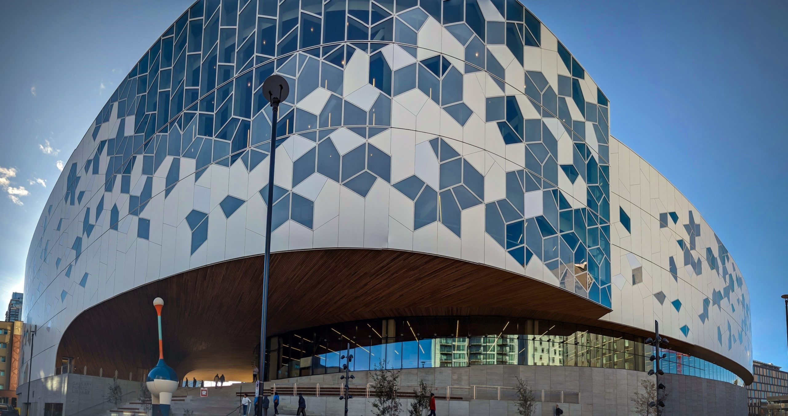 Interior view of the Calgary Public Library featuring work by Lionel Peyachew. Indigenous Placemaking example.