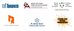 The World's Tallest Mural funder and partner logos, including City of Toronto, Ontario Arts Council, Ontario Trillium Foundation, Toronto Community Housing, St. James Town Community Corner, and Centre for Social Innovation
