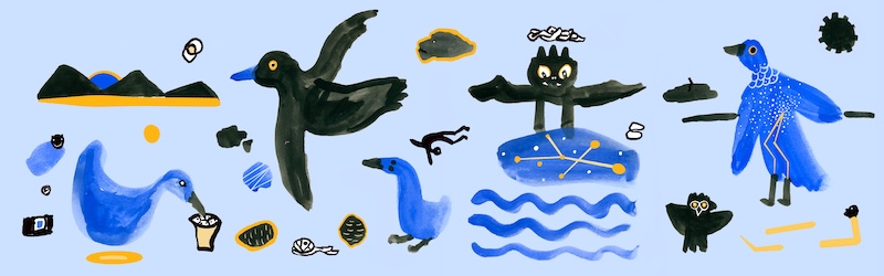 Blue, yellow, and black painted illustrations of birds and bats on a light blue background by Z'otz* Collective