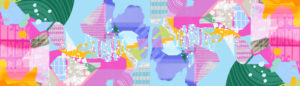 Various prints and colourful shapes with city imagery