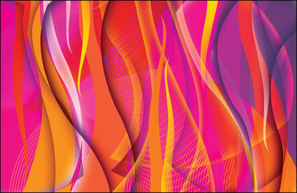 Abstract artwork called Heat by Denys Golemenkov depicting vertical, wavy lines that look like abstract flames in pink, magenta, orange and purple