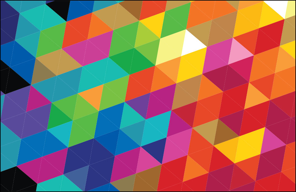 Artwork by Denys Golemenkov called Kaleidoscope featuring triangles and hexagons in different colours