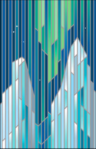 Artwork called Northern Lights by Denys Golemenkov in shades of blue, green and white depicting the northern lights through rectangles that form the image.