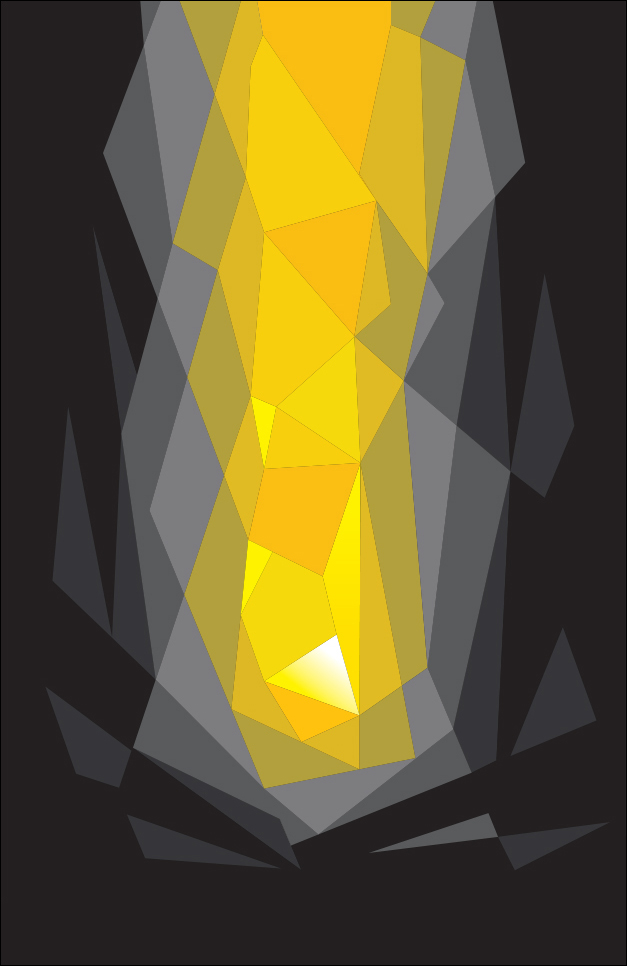 Digital artwork by Denys Golemenkov called Shooting Star. Made up of different sized triangles in yellow and shades of black and grey, the shapes make up an image of a shooting star