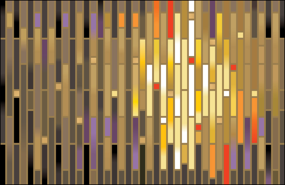 Artwork by Denys Golemenkov called Urban Living 7. It is a mosaic of gold, orange, purple and grey rectangles and squares lined up vertically and across the screen.