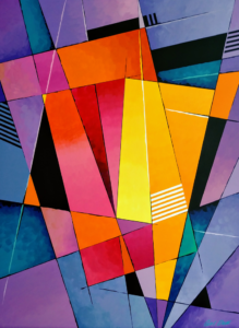 Abstract painting of different rectangular shapes and triangles that meet and intersect in different colours of purple, orange, red and blue.