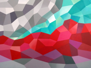 Abstract painting in three-dimensional, origami design in various shades of gray, turquoise, red and purple