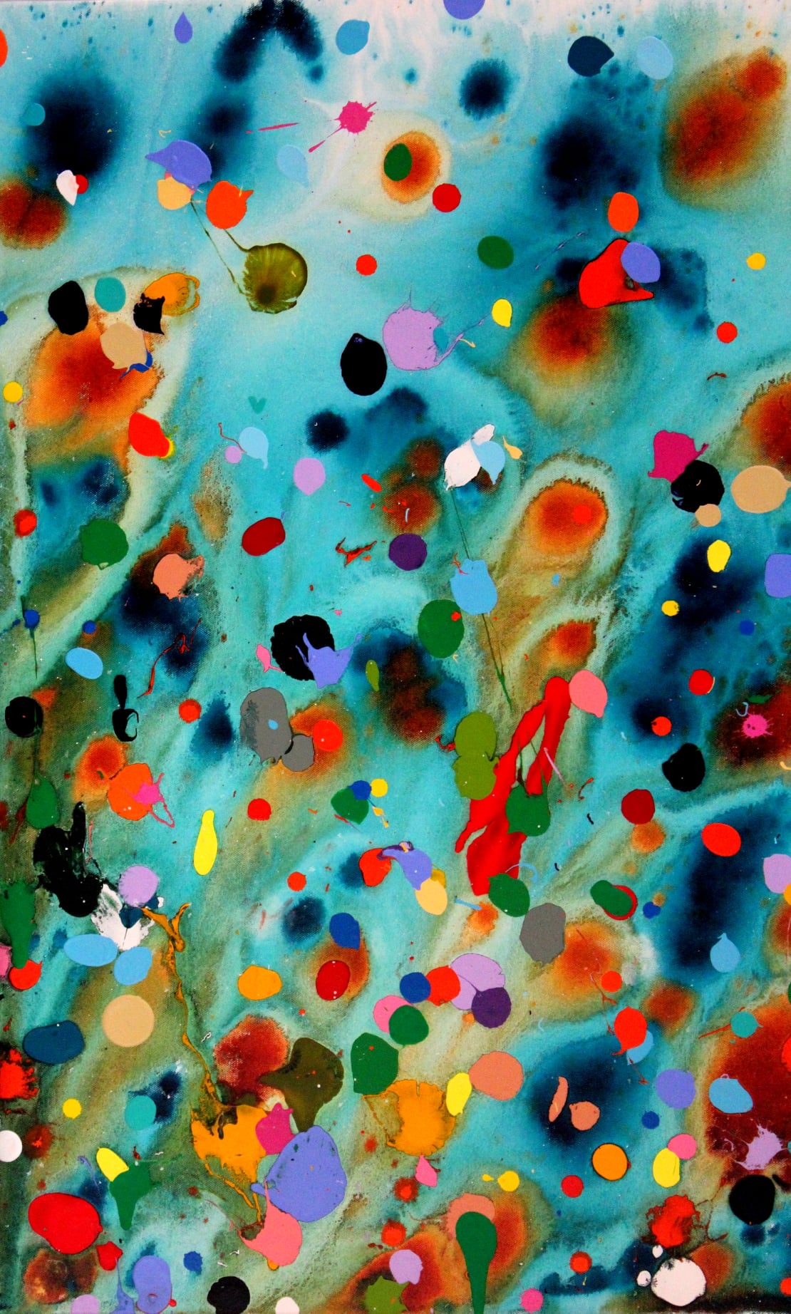 Abstract painting with a mostly turquoise background and layers of colourful paint splatters on top