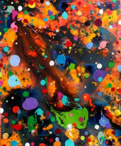 Abstract painting with an orange background and colourful paint splatters at the forefront