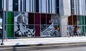 Photo of the white vinyl decals of bird designs on windows with tinted colours of green and pink. It is outdoors, with snow on the ground - there is a bike rack outside