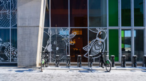 Photo of the white vinyl decals of bird designs on windows with tinted colours of green and pink. It is outdoors, with snow on the ground - there is a bike rack outside