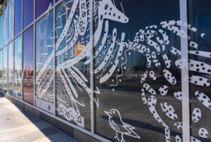 Close up photo of white vinyl decals of bird drawings on windows with tinted coloured glass.