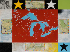 "Great Lakes" painting by Canadian artist Bruno Canadien. Features a red rectangular map in the middle with blue bodies of water. Surrounding the perimeter of the map are ornate squares and rectangles with stars and colours.