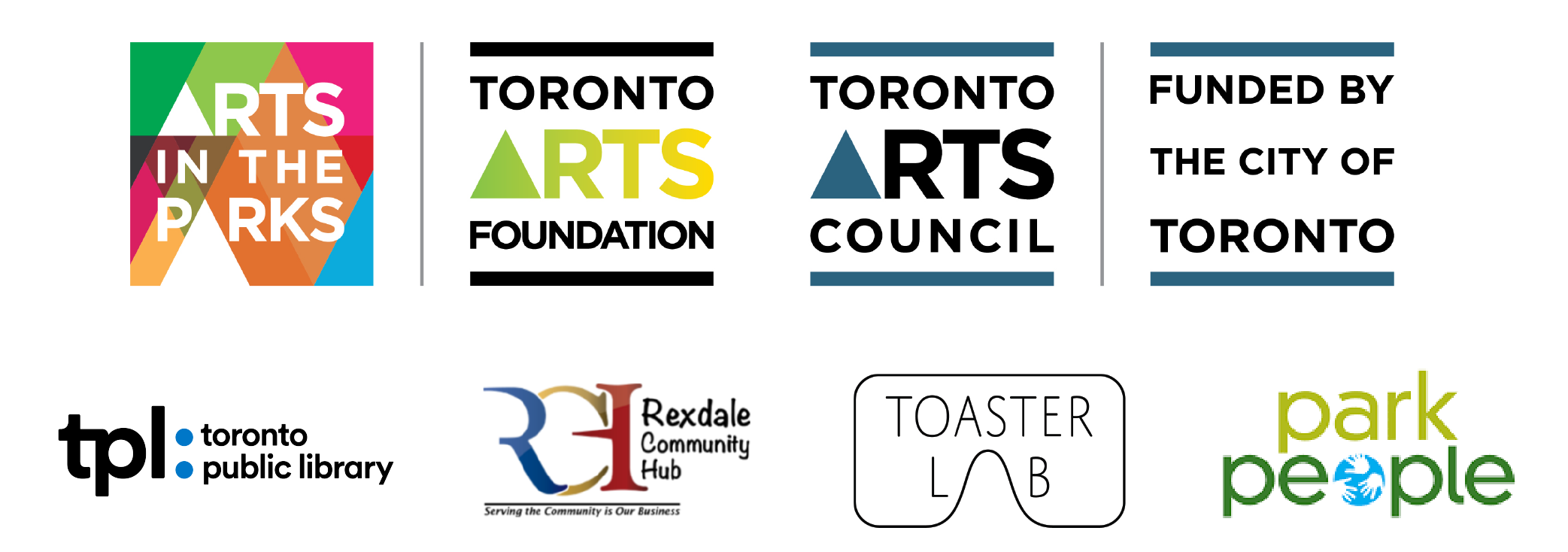 From Weeds We Grow partner logos (Toronto Arts Foundation, Toronto Arts Council, Toronto Public Library, Arts in the Parks, Rexdale Community Hub, Toaster Lab and Park People)
