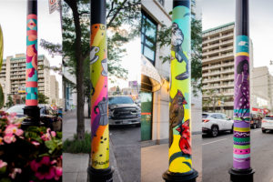 Photograph collage of colourful street poles painted by local Toronto artists. The first pole has fun, geometric shapes, the second pole has images of cups of coffee, the third is painted with birds, and the fourth pole is painted with stripes and a person