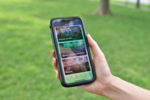 A close-up photo of a person holding an iPhone with the STEPS Public Art App opened.