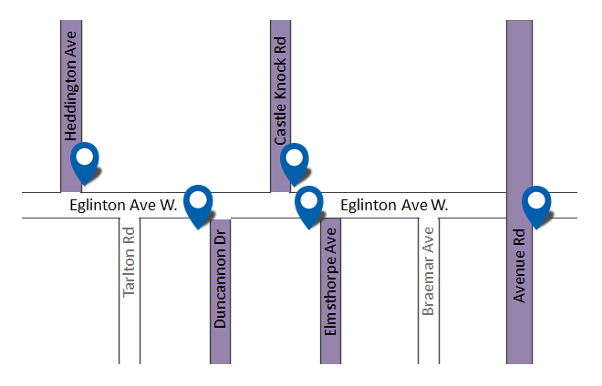 A map of the locations of where five sculptures will be placed in The Eglinton Way community in Toronto along Eglinton Ave W. between Heddington Ave and Avenue Rd