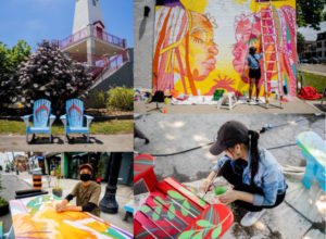 Collaged image of public art activations including, blue muskoka chairs, a mural, and table top design