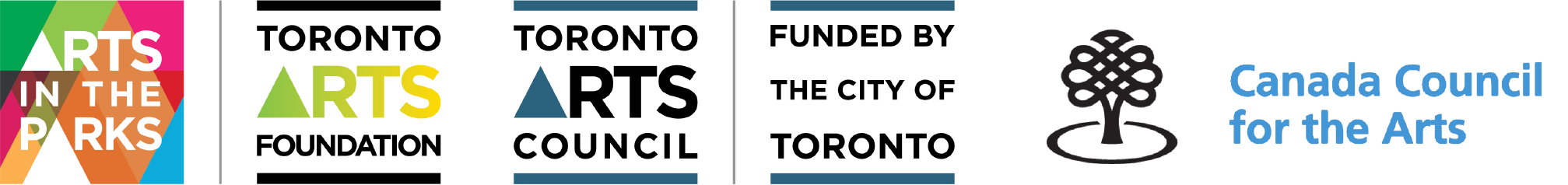Arts in the Parks logo, Toronto Arts Foundation logo, Toronto Arts Council Funded by the City of Toronto logo in a row