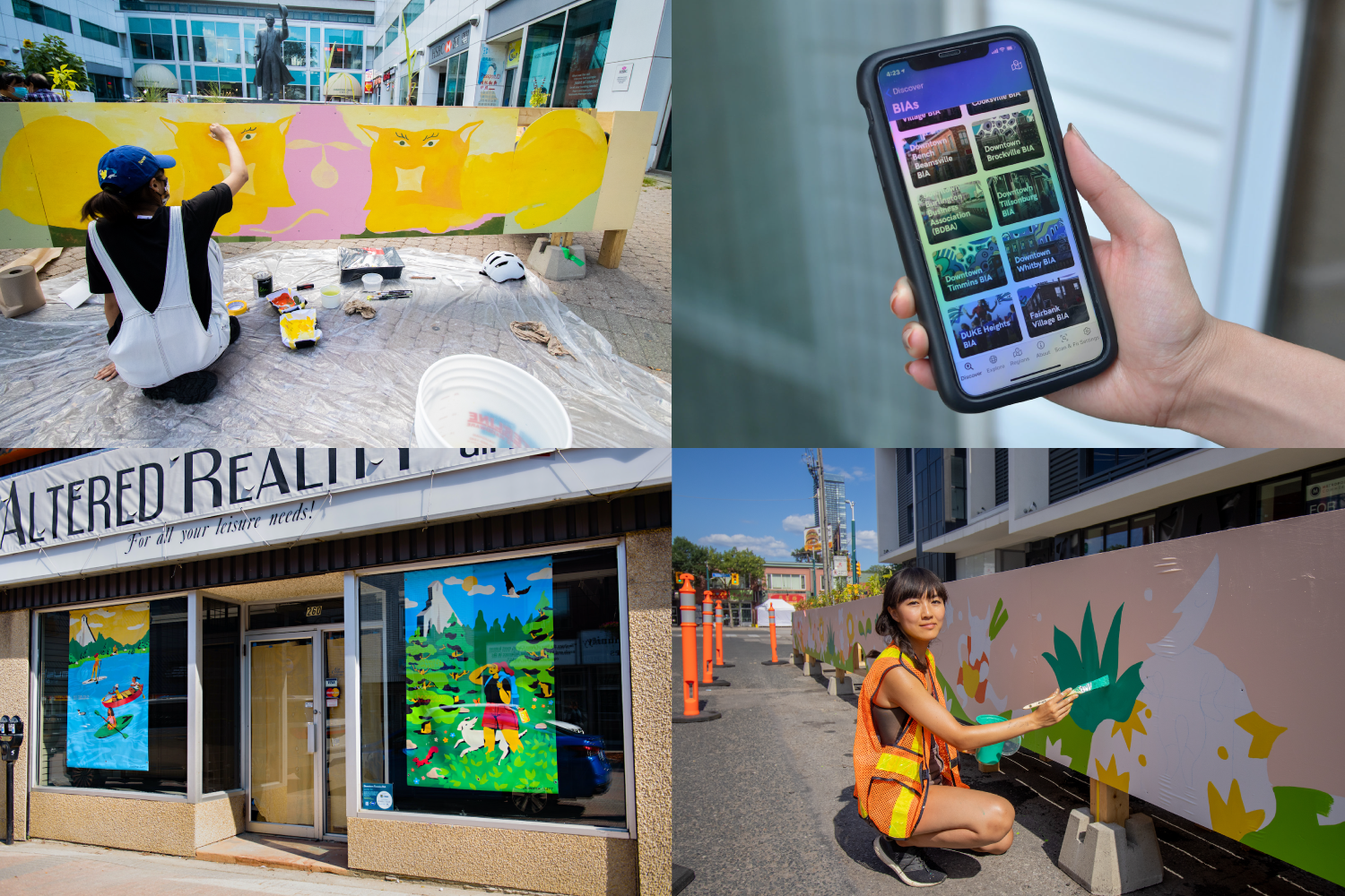 Photo collage of August Main Street activations feature a person painting parkettes, a hand holding a phone with the STEPS app, and banners of artwork in a storefront 