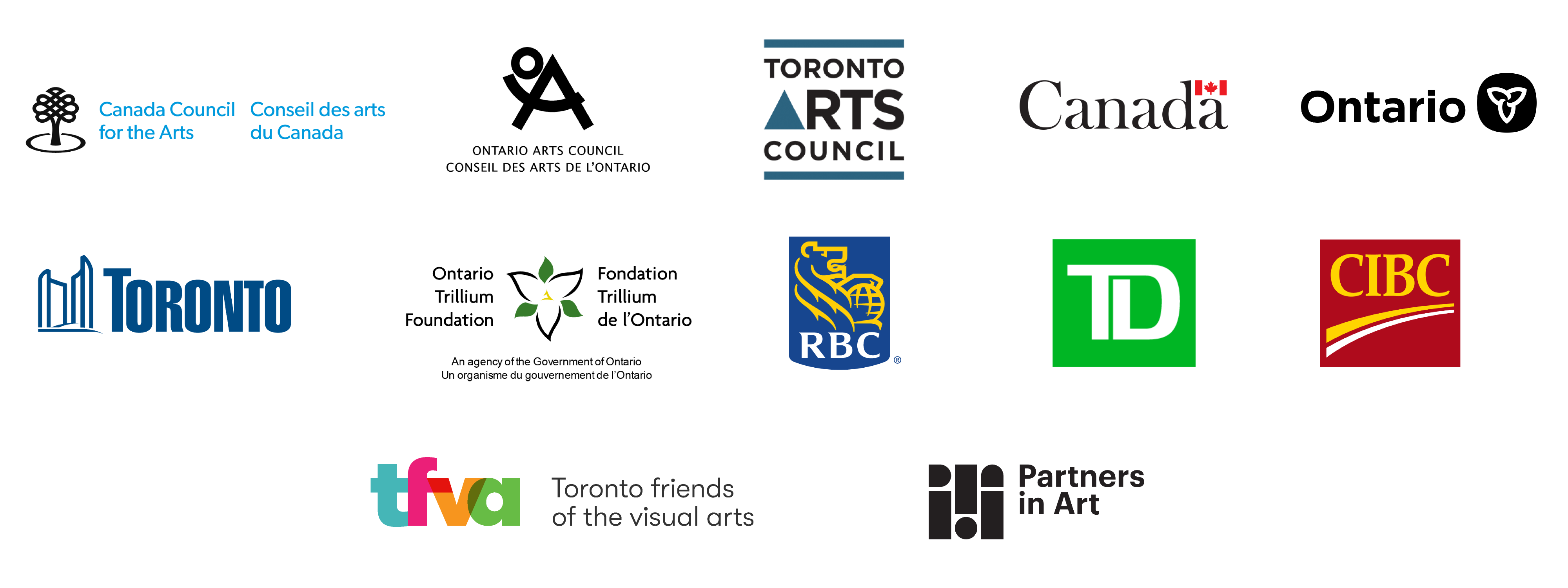 STEPS funder and sponsor logos for Canada Council for the Arts, Ontario Arts Council, Toronto Arts Council, Government of Canada, Province of Ontario, City of Toronto, Ontario Trillium Foundation, RBC, TD, CIBC, TFVA and Partners in Art