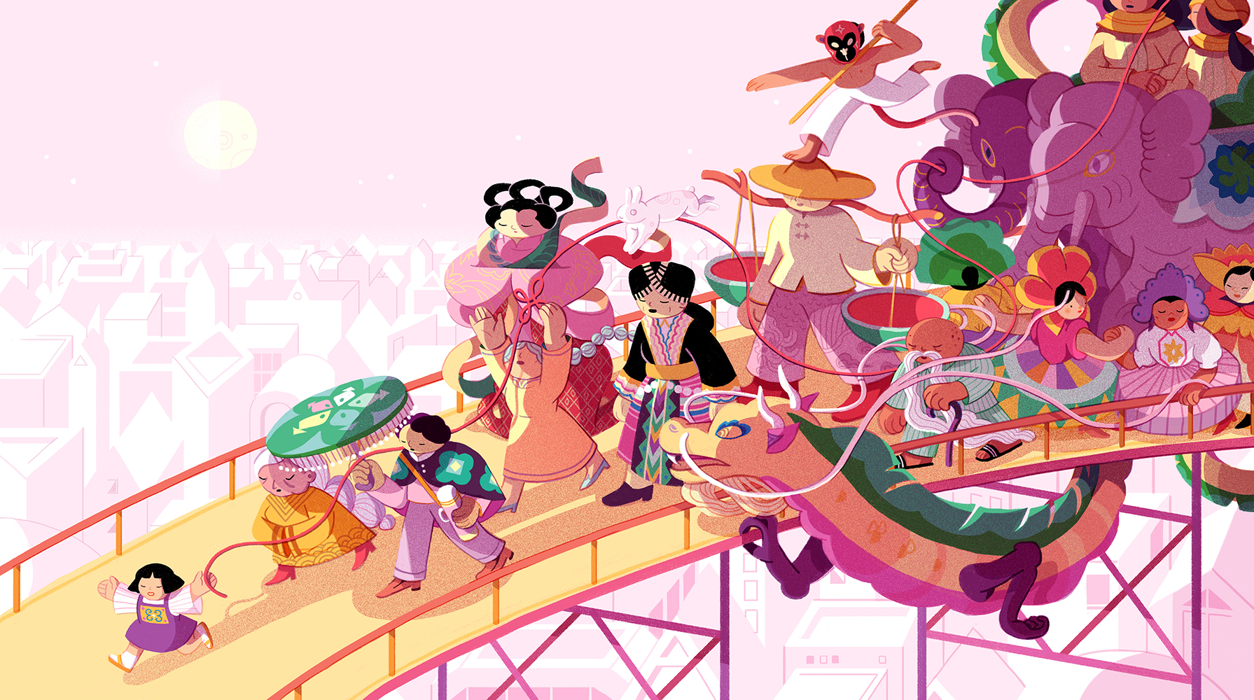 Illustration by Wenting Li, featuring a yellow bridge in a pale pink skylines - colourful characters celebrating lunar new year are walking down