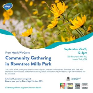 From Weeds We Grow event poster for Community Gathering in Rowntree Mills Park