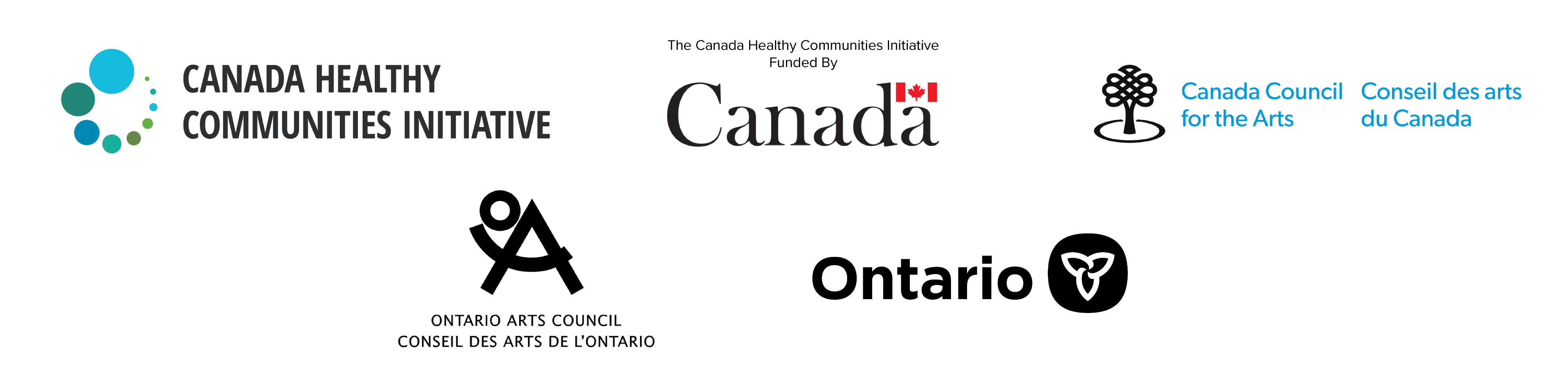 Logos for Canada Healthy Communities Initiative, Government of Canada, Canada Council for the Arts, Ontario Arts Council, and Government of Ontario