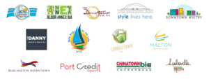Main Street BIA client logos including Lakeshore Village, Bloor Annex, Timmins, Eglinton Way, Whitby, Danforth, Belle River, Cabbagetown, Malton, Burlington, Port Credit, Chinatown, Leslieville