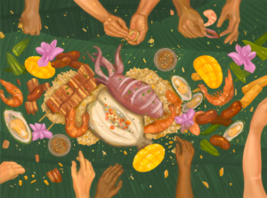 Digital illustration by Meegan Lim of a birds eye view of a traditional Filipino Kamayan feast with hands holding food and a spread of meat, seafood and veggies on rice, on top of green a banana leaves.