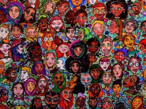 “The Gathering” painted by Annmarie Claudette features illustrations of diverse faces